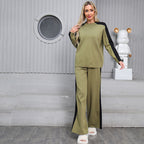 Women's Autumn And Winter Casual Sweater Color Block Two Piece Pants Set