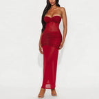Women's Tube Top Milk Silk Stitching Mesh Drilling Party Hip Wrapped Long Dress