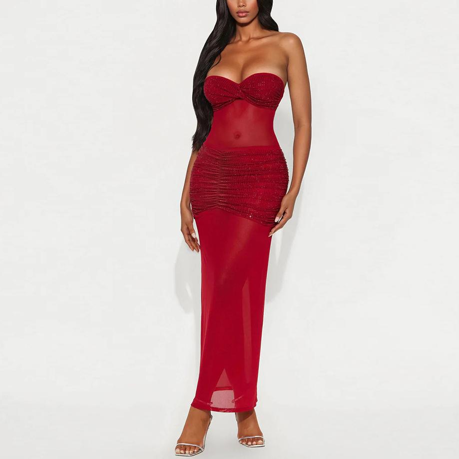 Women's Tube Top Milk Silk Stitching Mesh Drilling Party Hip Wrapped Long Dress