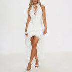 Halter Deep V Plunge Sheath Solid Color Dress for Ruffles Tassel