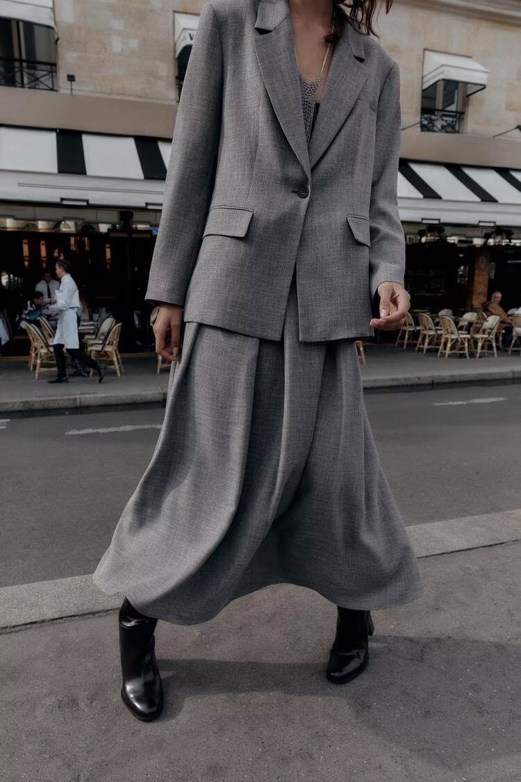 Women's Autumn Padded Shoulder Herringbone Blazer and Skirt Two-Piece Set