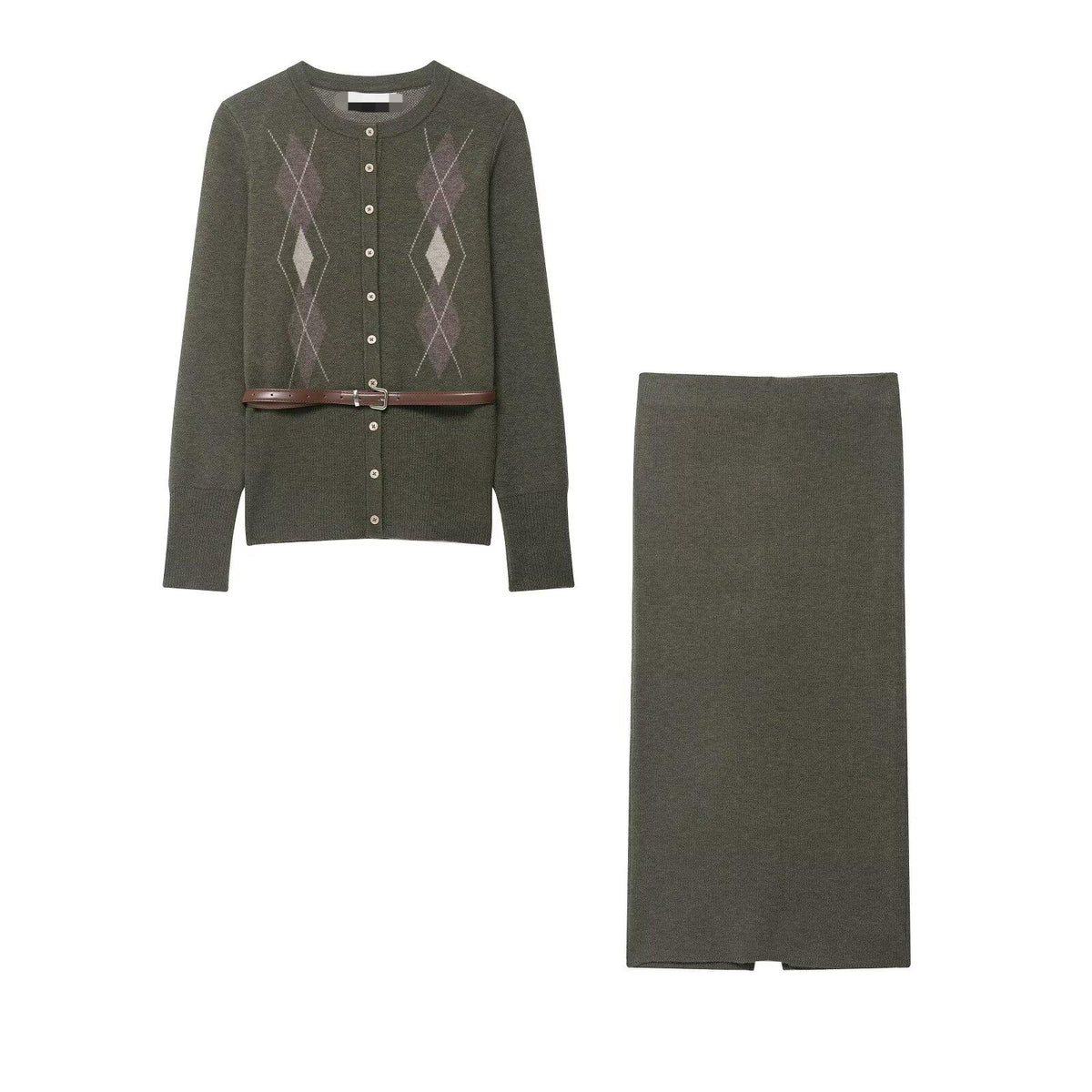 Women's Autumn Belt Diamond Knitted Jacket and Skirt Two-Piece Set