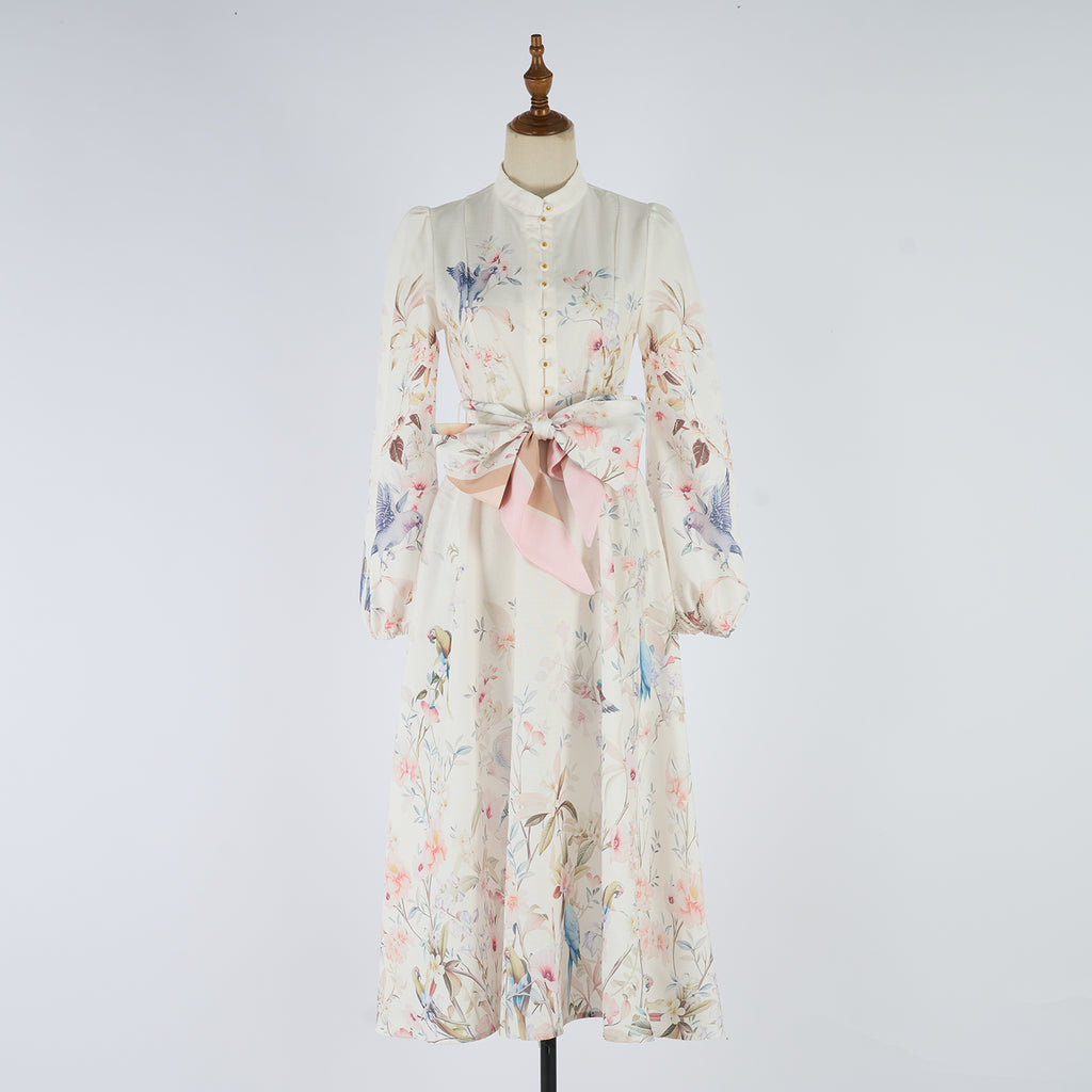 And Bird Print Long-Sleeve Fitted Waistline Blouse Mid Length Dress