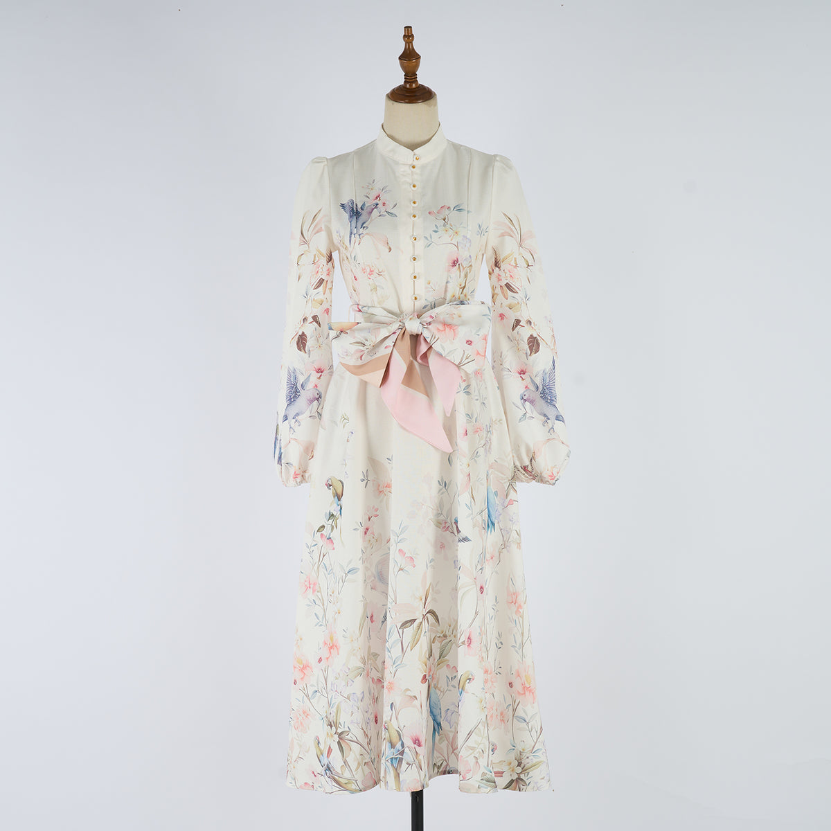 And Bird Print Long-Sleeve Fitted Waistline Blouse Mid Length Dress