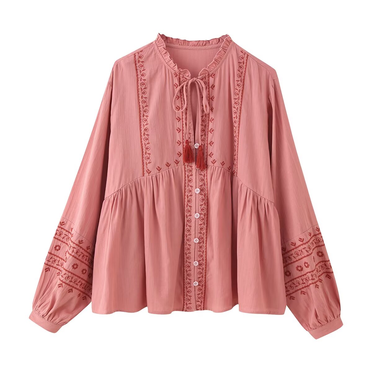 Women's Clothing Long Sleeve Contrast Color Embroidered Shirt