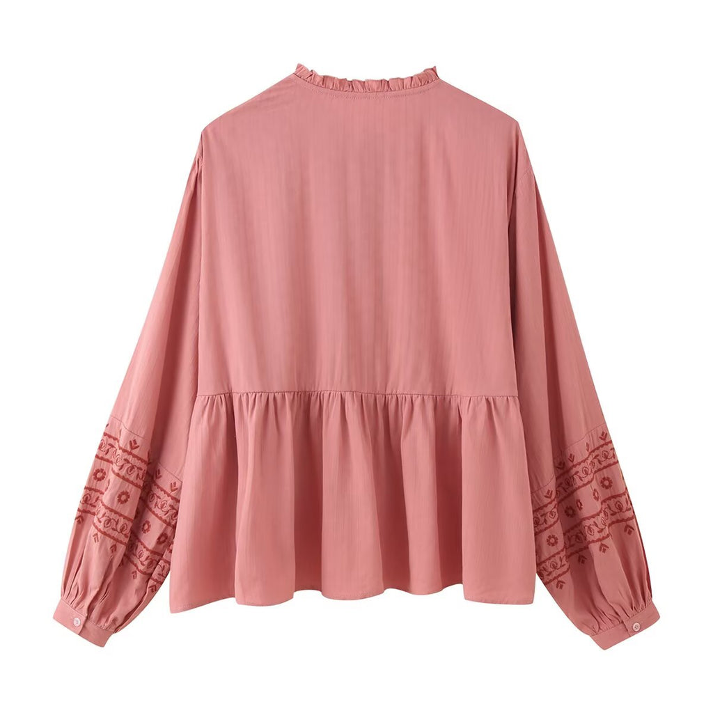 Women's Clothing Long Sleeve Contrast Color Embroidered Shirt