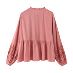 Women's Clothing Long Sleeve Contrast Color Embroidered Shirt