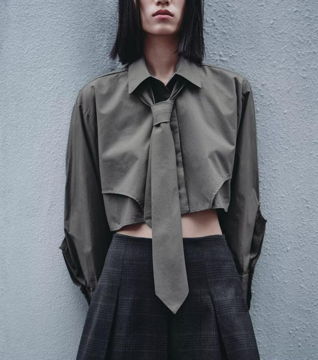 Cropped Tie-Front Long Sleeve Shirt