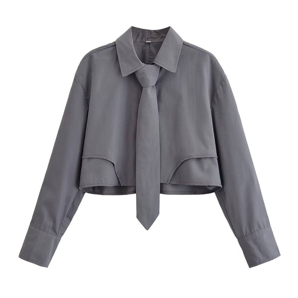Cropped Tie-Front Long Sleeve Shirt
