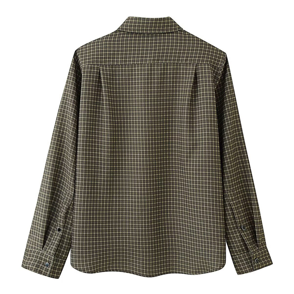 Women's Autumn Lazy Wind Loose Padded Shoulder Long Sleeve Plaid Shirt