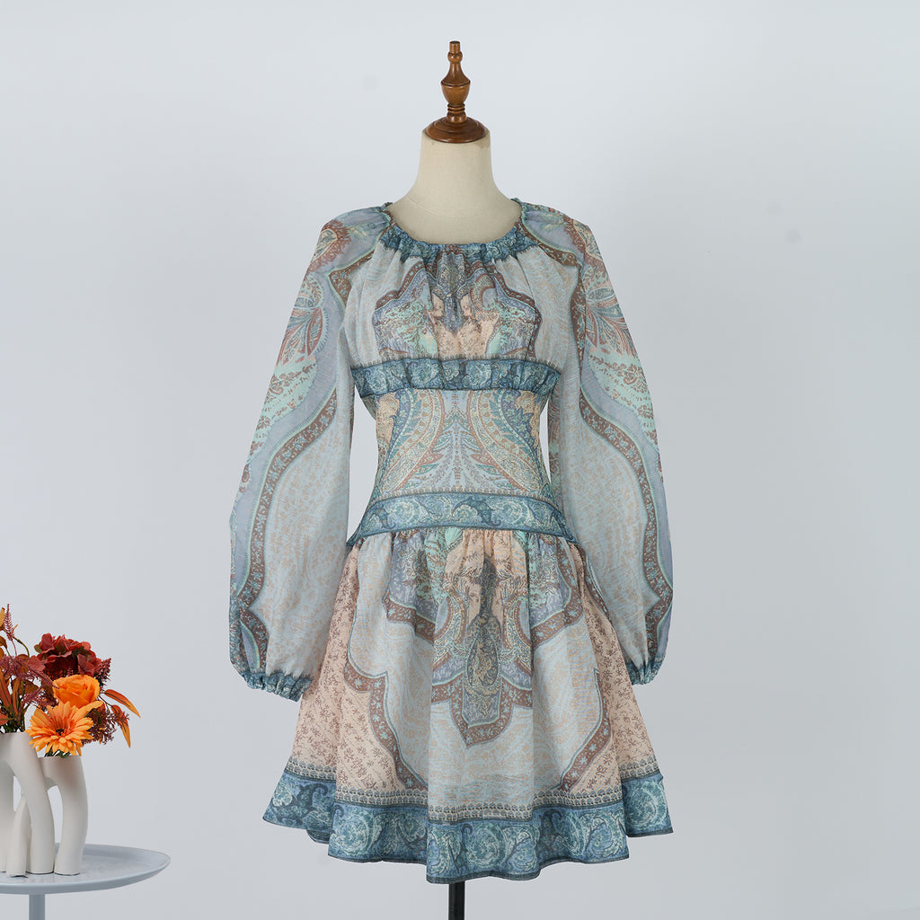 Women's Spring Autumn Long Sleeved Printed Short Dress