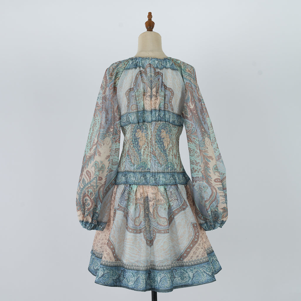 Women's Spring Autumn Long Sleeved Printed Short Dress