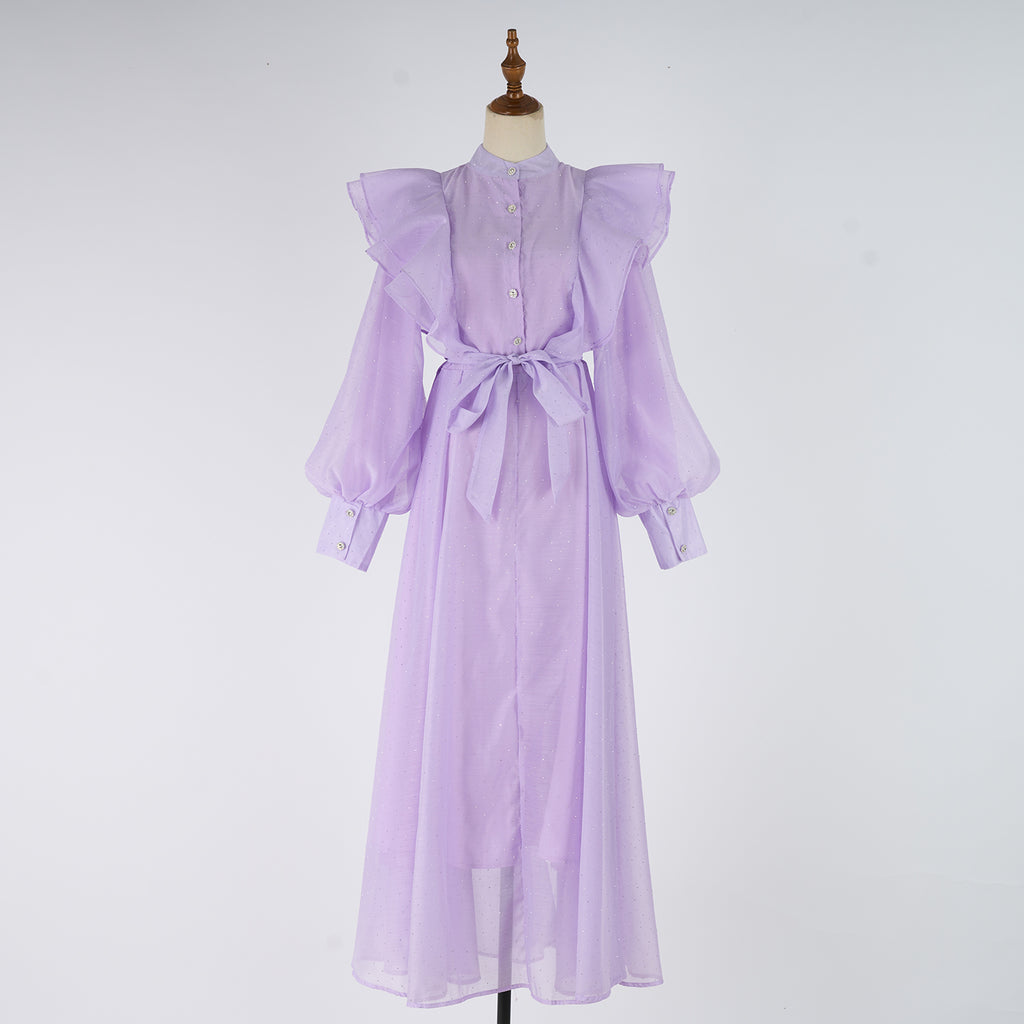 Women's Stand-Collar Rhinestone Belted Ruffle Long-Sleeve A-Line Maxi Dress
