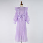 Women's Stand-Collar Rhinestone Belted Ruffle Long-Sleeve A-Line Maxi Dress