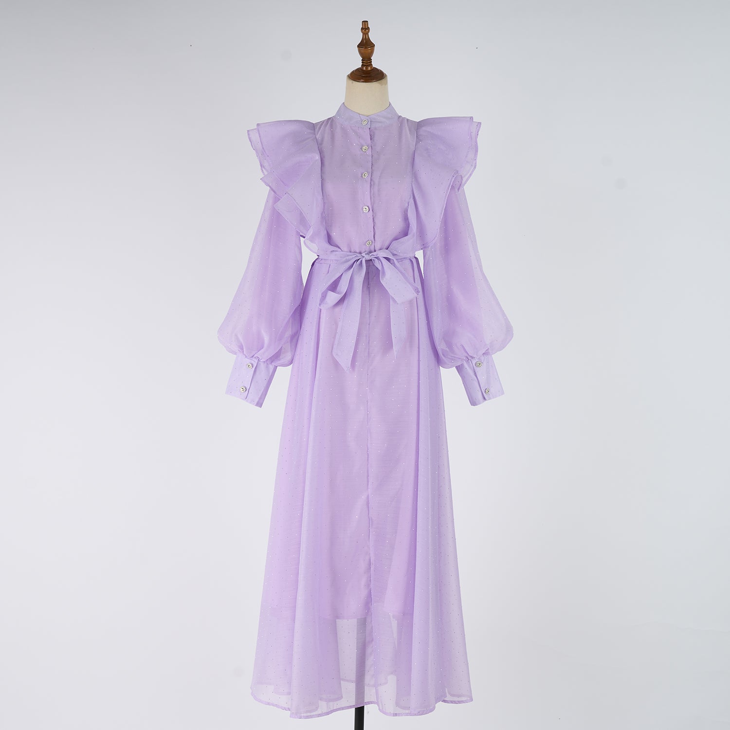 Women's Stand-Collar Rhinestone Belted Ruffle Long-Sleeve A-Line Maxi Dress