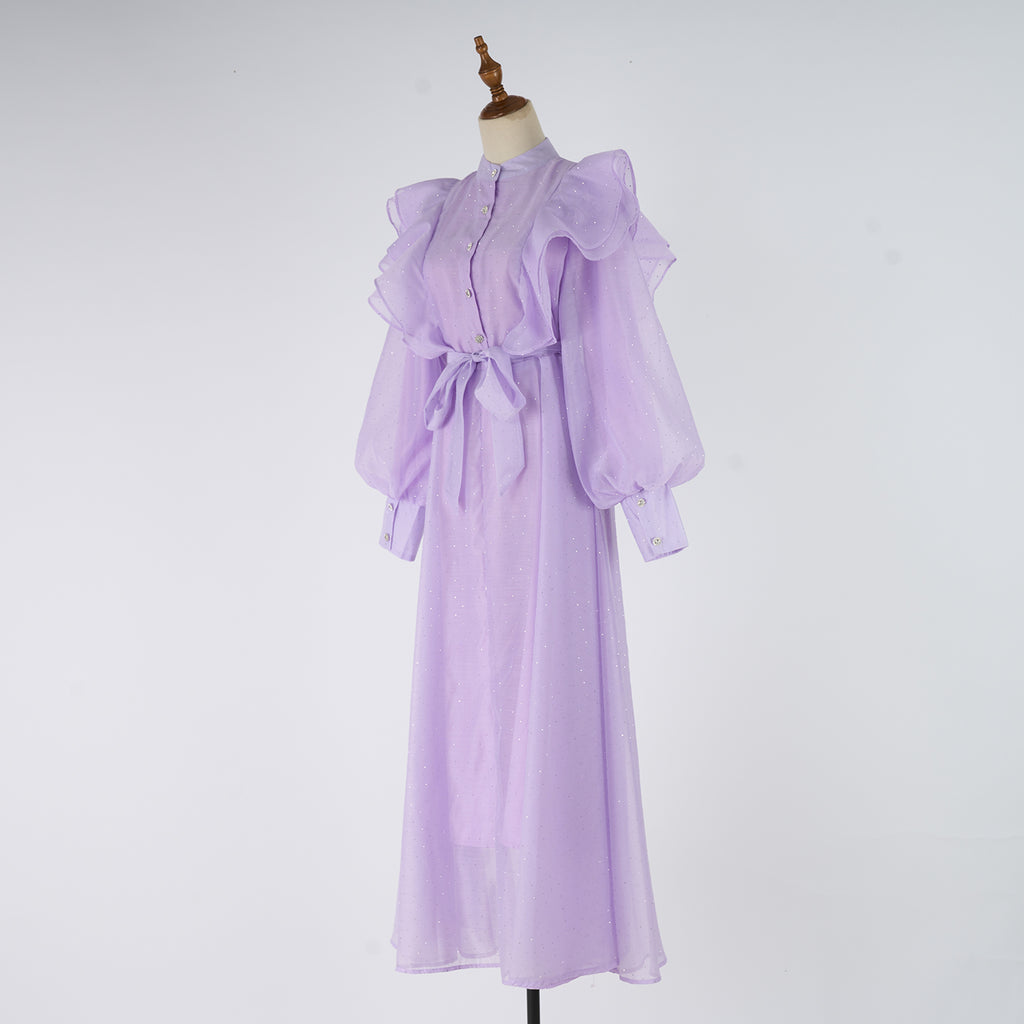 Women's Stand-Collar Rhinestone Belted Ruffle Long-Sleeve A-Line Maxi Dress