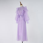 Women's Stand-Collar Rhinestone Belted Ruffle Long-Sleeve A-Line Maxi Dress