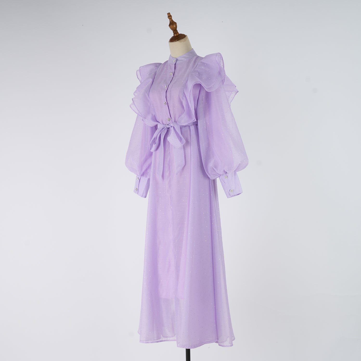 Women's Stand-Collar Rhinestone Belted Ruffle Long-Sleeve A-Line Maxi Dress