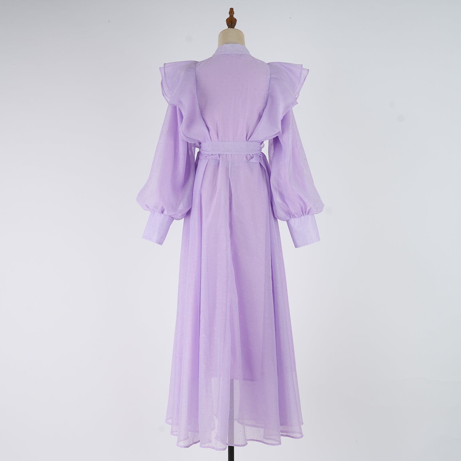 Women's Stand-Collar Rhinestone Belted Ruffle Long-Sleeve A-Line Maxi Dress