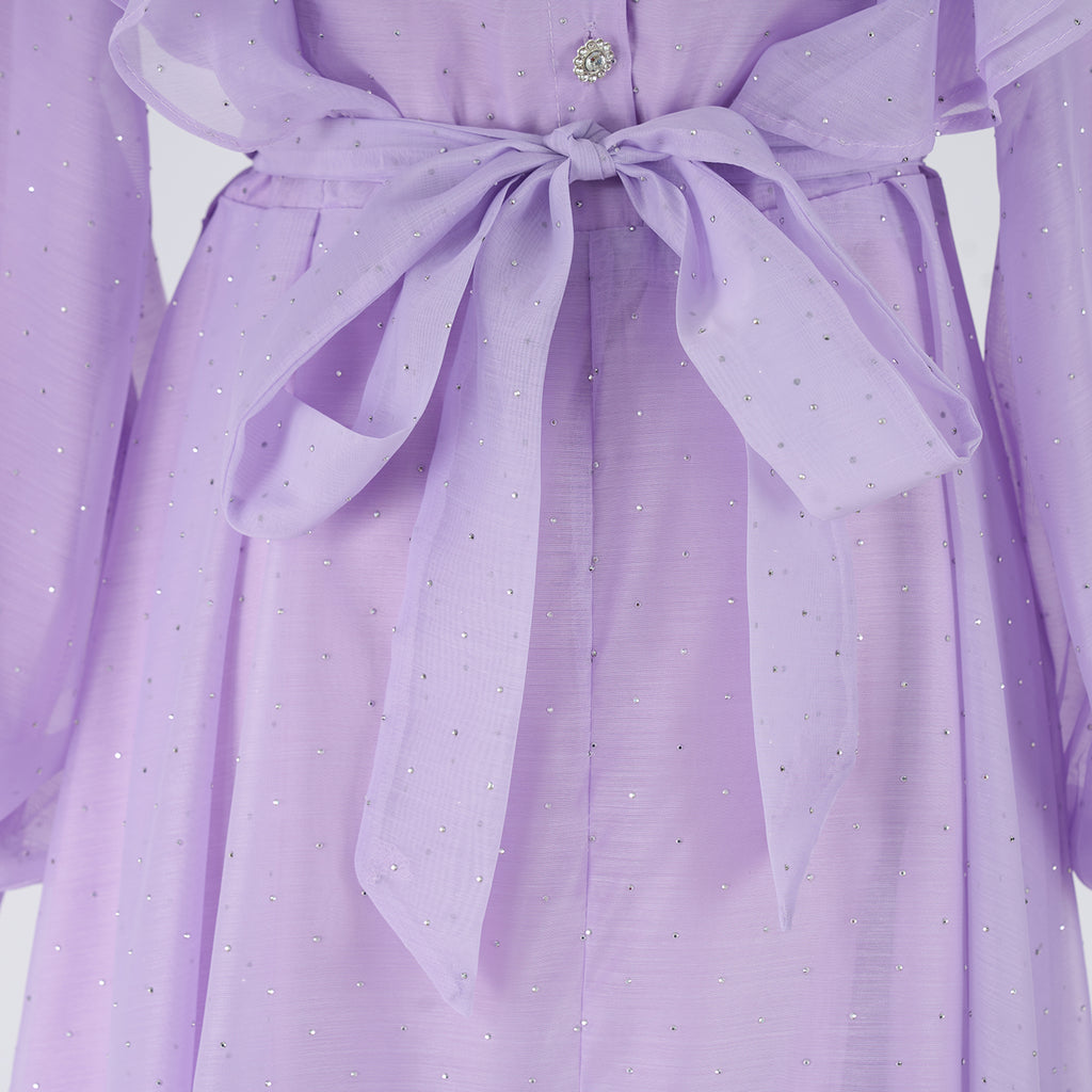 Women's Stand-Collar Rhinestone Belted Ruffle Long-Sleeve A-Line Maxi Dress