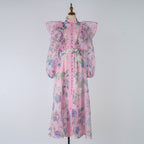 Women's Spring Autumn Printed Belt Stand Up Collar Long Sleeved Dress