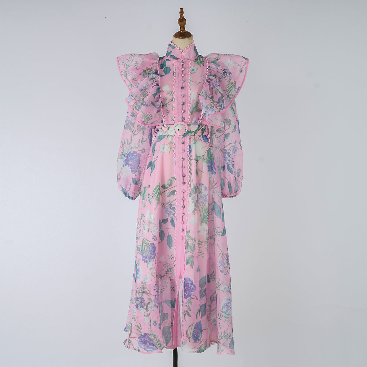 Women's Spring Autumn Printed Belt Stand Up Collar Long Sleeved Dress