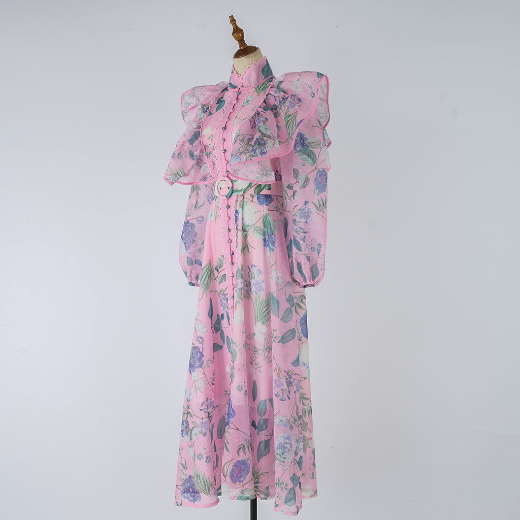 Women's Spring Autumn Printed Belt Stand Up Collar Long Sleeved Dress