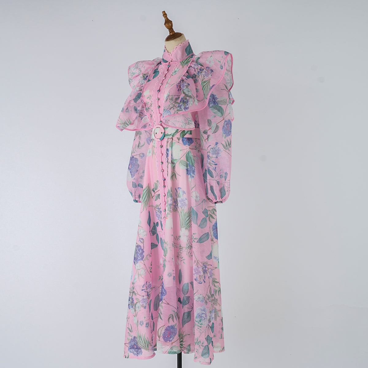Women's Spring Autumn Printed Belt Stand Up Collar Long Sleeved Dress