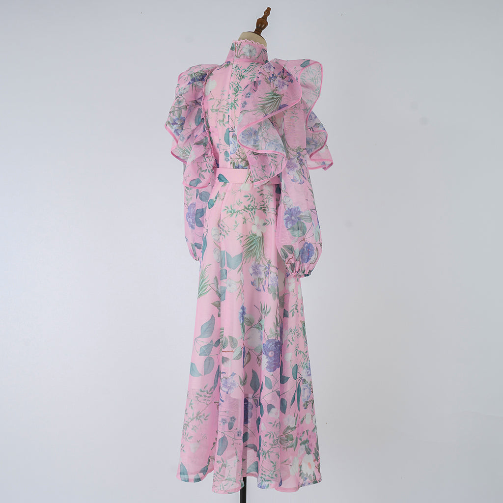 Women's Spring Autumn Printed Belt Stand Up Collar Long Sleeved Dress
