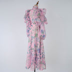 Women's Spring Autumn Printed Belt Stand Up Collar Long Sleeved Dress
