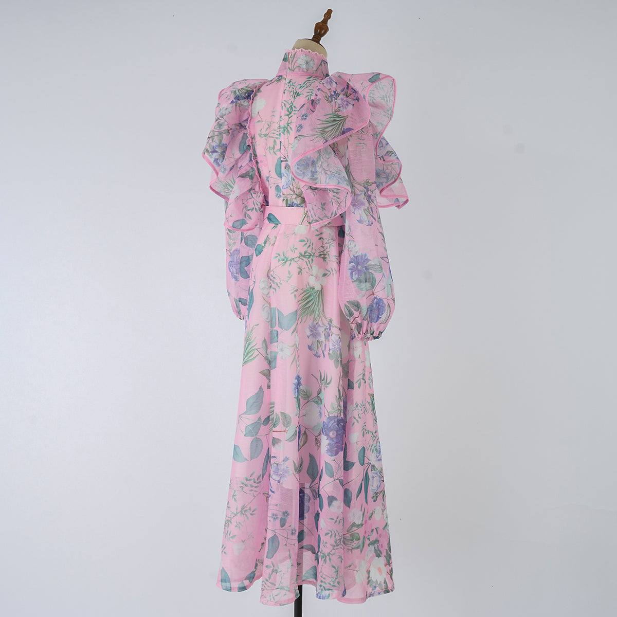 Women's Spring Autumn Printed Belt Stand Up Collar Long Sleeved Dress