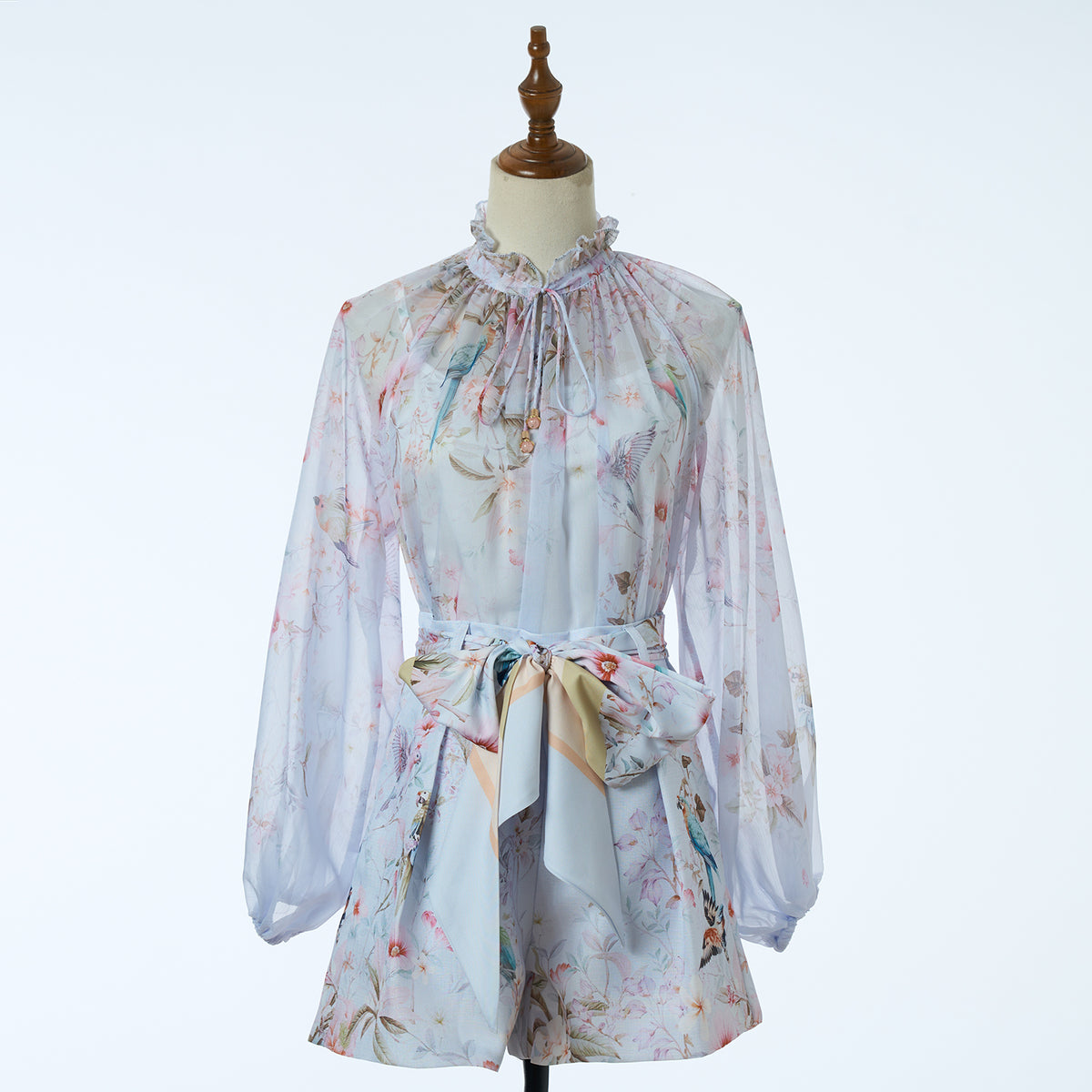 Women's Spring Autumn Print Four Piece Shirt And Shorts Set With Belt