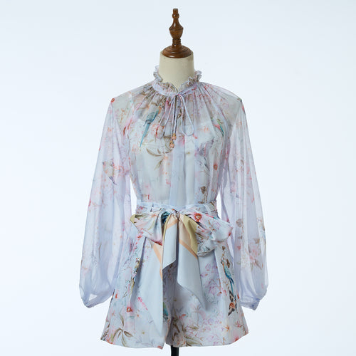 Women's Spring Autumn Print Four Piece Shirt And Shorts Set With Belt
