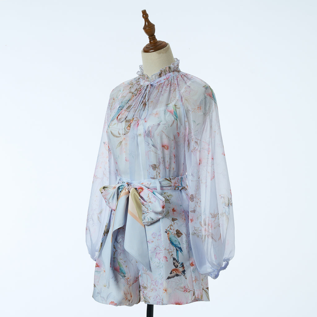 Women's Spring Autumn Print Four Piece Shirt And Shorts Set With Belt