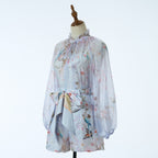 Women's Spring Autumn Print Four Piece Shirt And Shorts Set With Belt