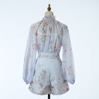 Women's Spring Autumn Print Four Piece Shirt And Shorts Set With Belt