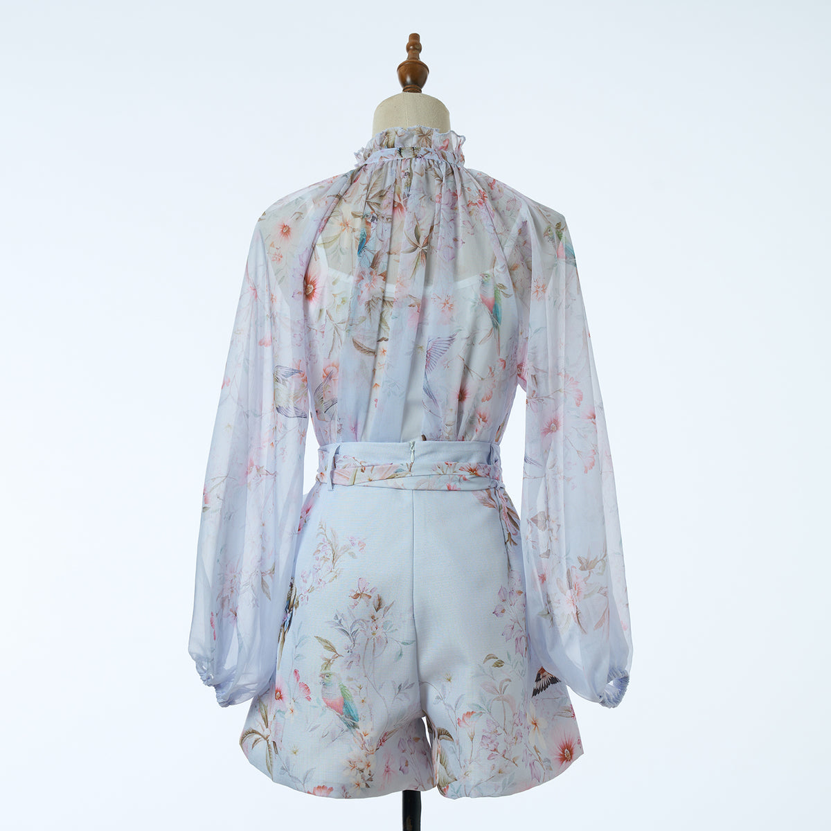 Women's Spring Autumn Print Four Piece Shirt And Shorts Set With Belt