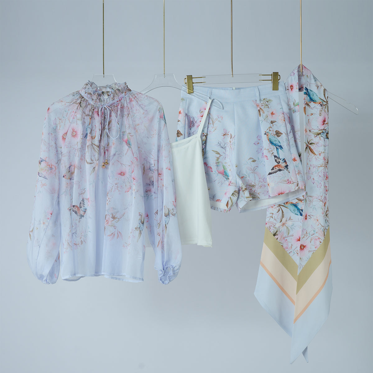 Women's Spring Autumn Print Four Piece Shirt And Shorts Set With Belt