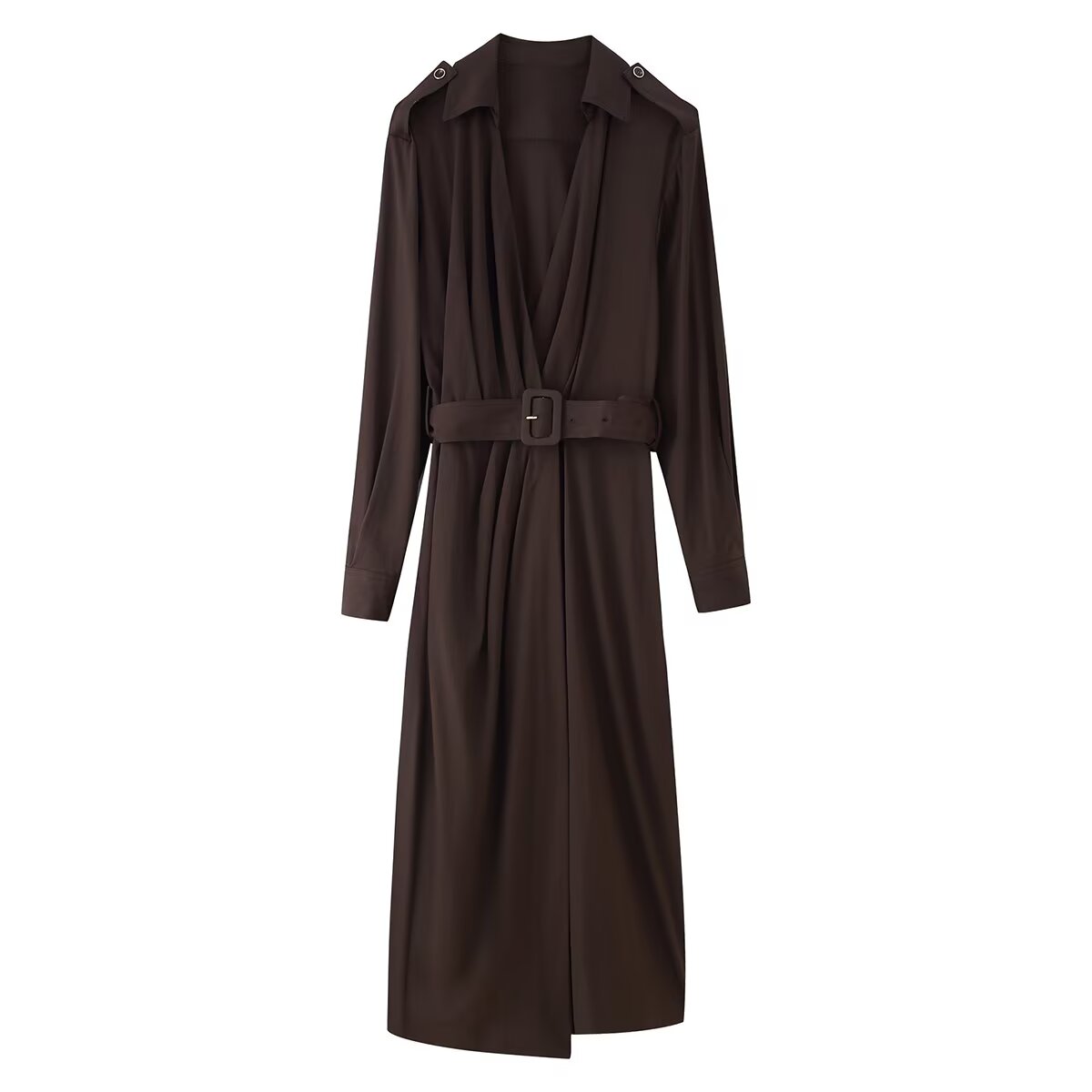 Collared Belted Button Long-Sleeve A-Line Maxi Dress