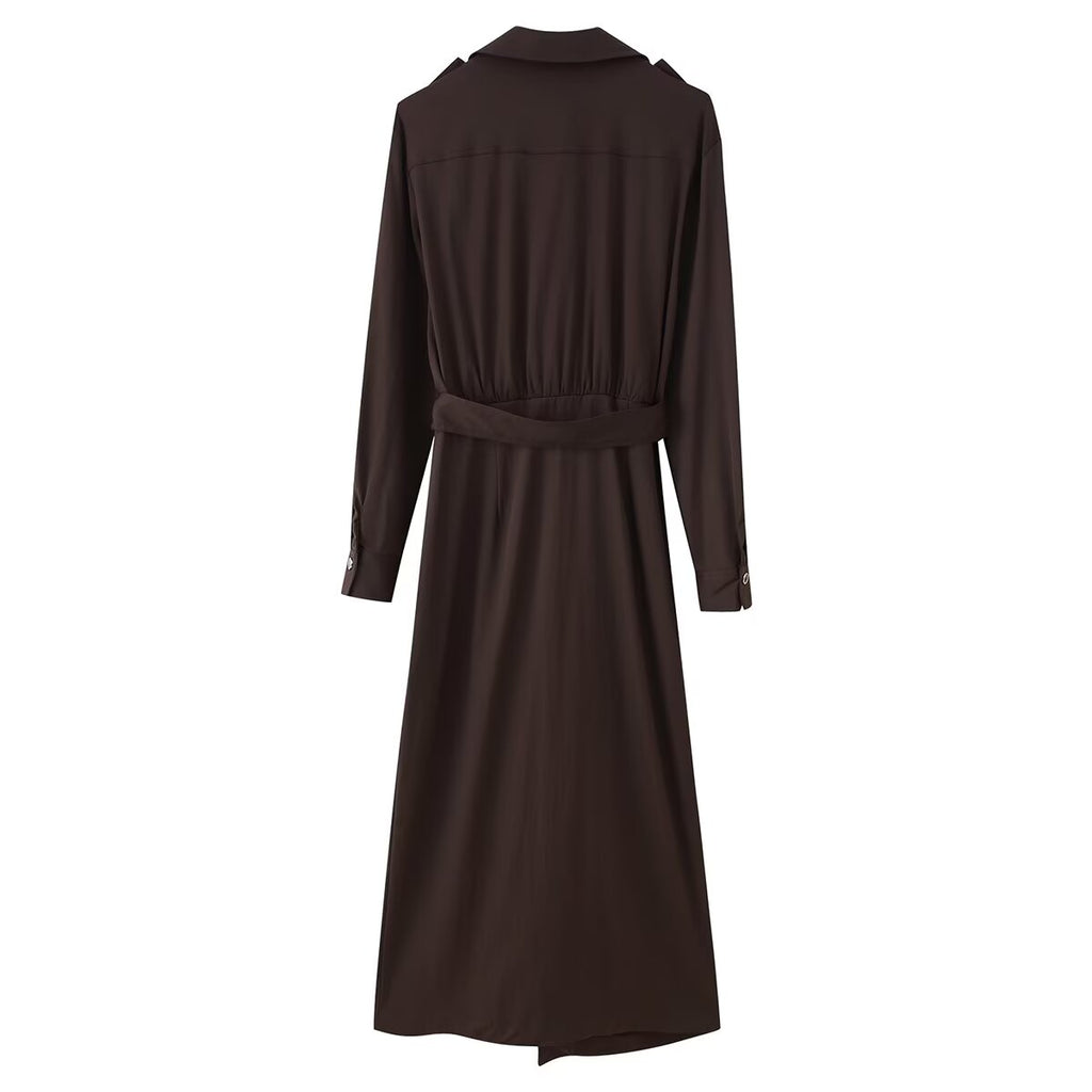 Collared Belted Button Long-Sleeve A-Line Maxi Dress