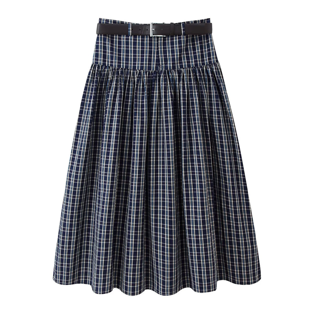 Women's Mid Waist with Belt Plaid Midi Skirt