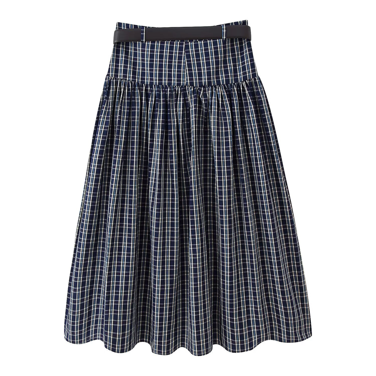 Women's Mid Waist with Belt Plaid Midi Skirt