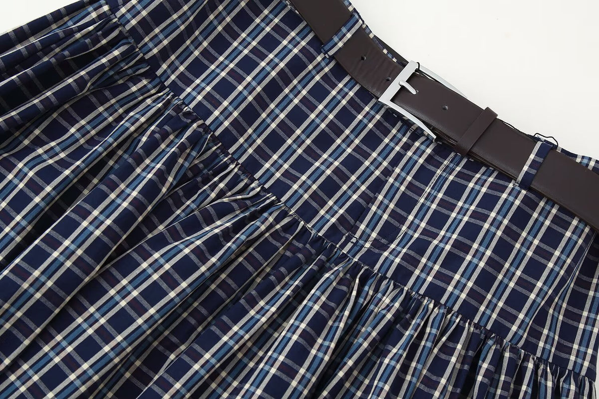 Women's Mid Waist with Belt Plaid Midi Skirt