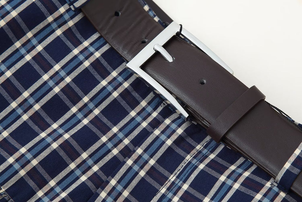 Women's Mid Waist with Belt Plaid Midi Skirt