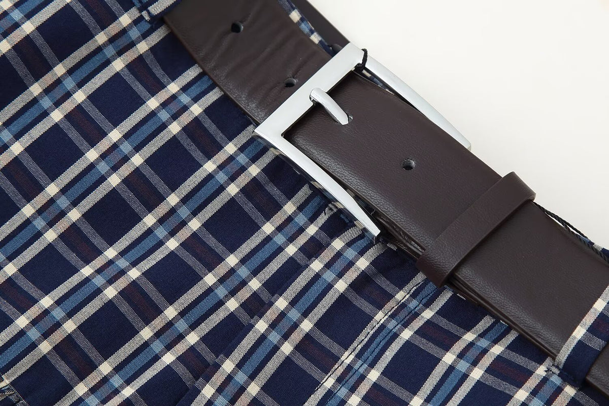 Women's Mid Waist with Belt Plaid Midi Skirt
