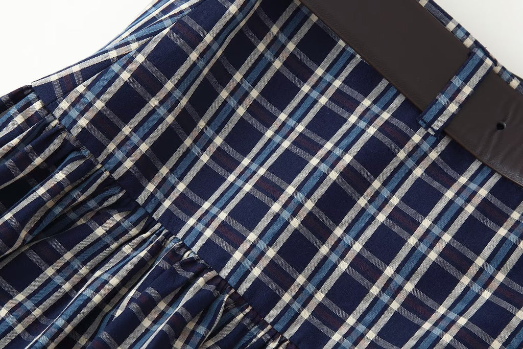 Women's Mid Waist with Belt Plaid Midi Skirt