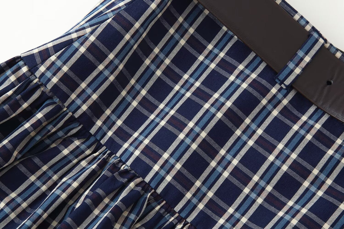 Women's Mid Waist with Belt Plaid Midi Skirt