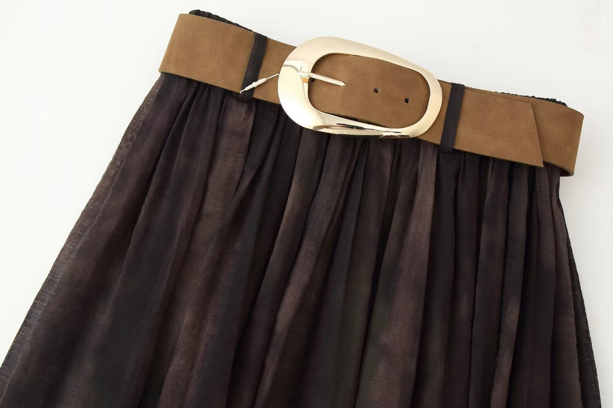 Women's Fuzzy Printing Belt Large Swing Midi Skirt