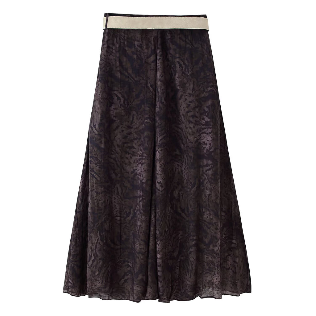 Women's Fall with Belt Printing Midi Skirt