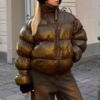 Women's Stand Collar Double Zipper Bread Coat Loose Solid Color Warm